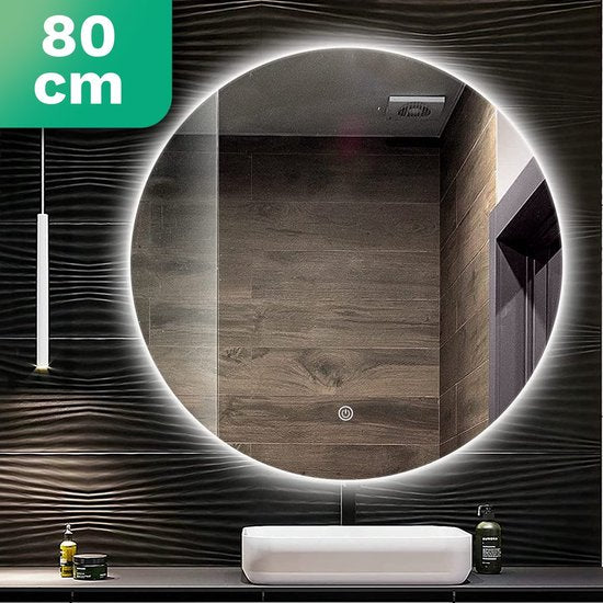 Mirlux Badezimmerspiegel mit LED-Beleuchtung & Heizung - Wandspiegel rund - Anti-Kondensations-Duschspiegel - 80CM