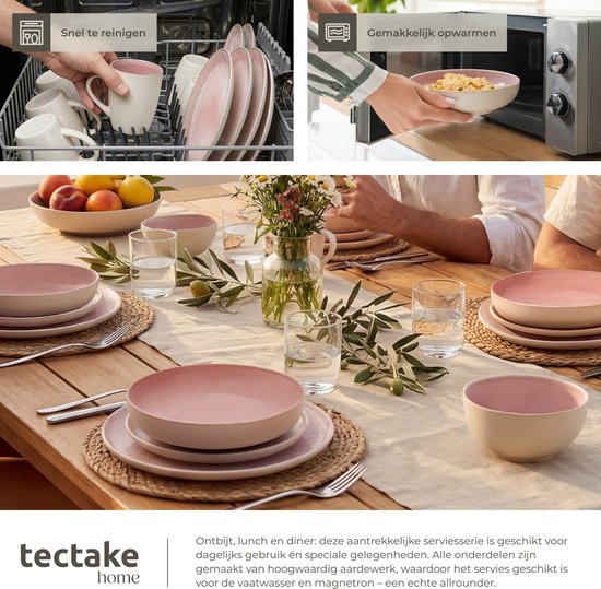tectake® Geschirrset Mare – 24-teilig – Steingut mit glänzender Glasur - Für 6 Personen - Handgefertigtes Geschirr - Modernes Geschirrset mit großen und kleinen Tellern, Schüsseln und Schälchen - Spülmaschinen- und mikrowellengeeignet - Rosa