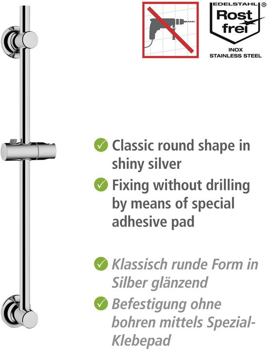 WENKO Duschstange aus Edelstahl, verchromt, Länge 70 cm, Durchmesser 22 mm, mit Duschkopfhalterung und 2 Wandhaltern – Duschstange, verchromt – Befestigung ohne Bohren