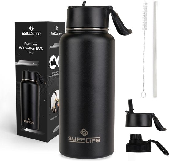 Supplife Luxus-Thermosflasche / Trinkflasche aus Edelstahl – 1 Liter – BPA-frei und auslaufsicher – Trinkflasche mit Strohhalm – Doppelwandige Isolierung – Thermosbecher – Ausgießverschluss und Verschluss mit Strohhalm – Inklusive Reinigungsbürste – Schwa