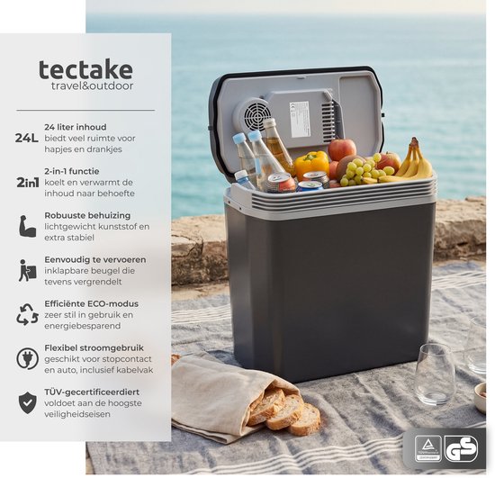 tectake® Kühlbox – elektrisch – 24 Liter – Tragegriff – Auto-Thermobox – Warmhaltebox – 12-V- und 230-V-Ladegerät – Camping-Kühlschrank – Kühlen und Heizen