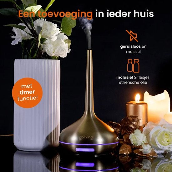 Goliving Aroma Diffuser - Luftbefeuchter - Aromatherapie - Inkl. 2x ätherisches Ã–l - 10 LED Farben - Duftdiffusor - Gold