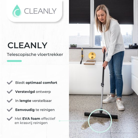 CLEANLY Bodenwischer mit Griff Teleskop 114-142 cm - Badezimmer-Bodenwischer - Wasserwischer - Duschwischer - Doppeltes EVA Schaumstoff - Breite 43.5 cm - Schwarz, Grau