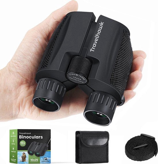 TravelHawk Fernglas - 10x25 - BAK4 - Voll multivergütet (FMC) - Kompaktes Fernglas - Wasserdicht - Mit Umhängekordel, Tragetasche - für Vogelbeobachtung, Jagd, Theater - Schwarz