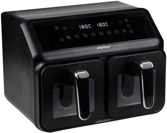 alpina Doppel-Airfryer XXL – Heißluftfritteuse 2x4 l – Airfryer mit digitalem Touchscreen – Heißluftofen für 6 Personen und mehr – 8 Kochprogramme – Sync-Modus – Timer-Funktion