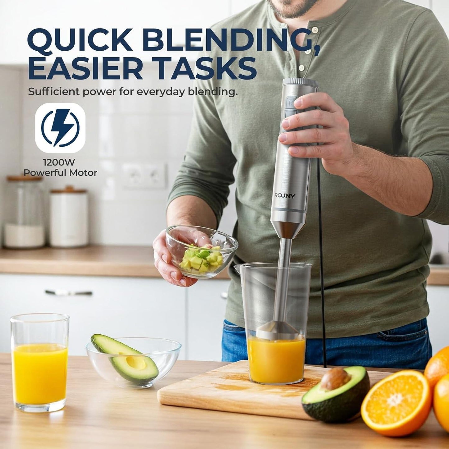 Rouny 4-in-1-Stabmixer PHB8001 – 1200 W – mit 700-ml-Messbecher, Schneebesen und 500-ml-Zerkleinerer – Edelstahl – Sicherheitsverriegelung