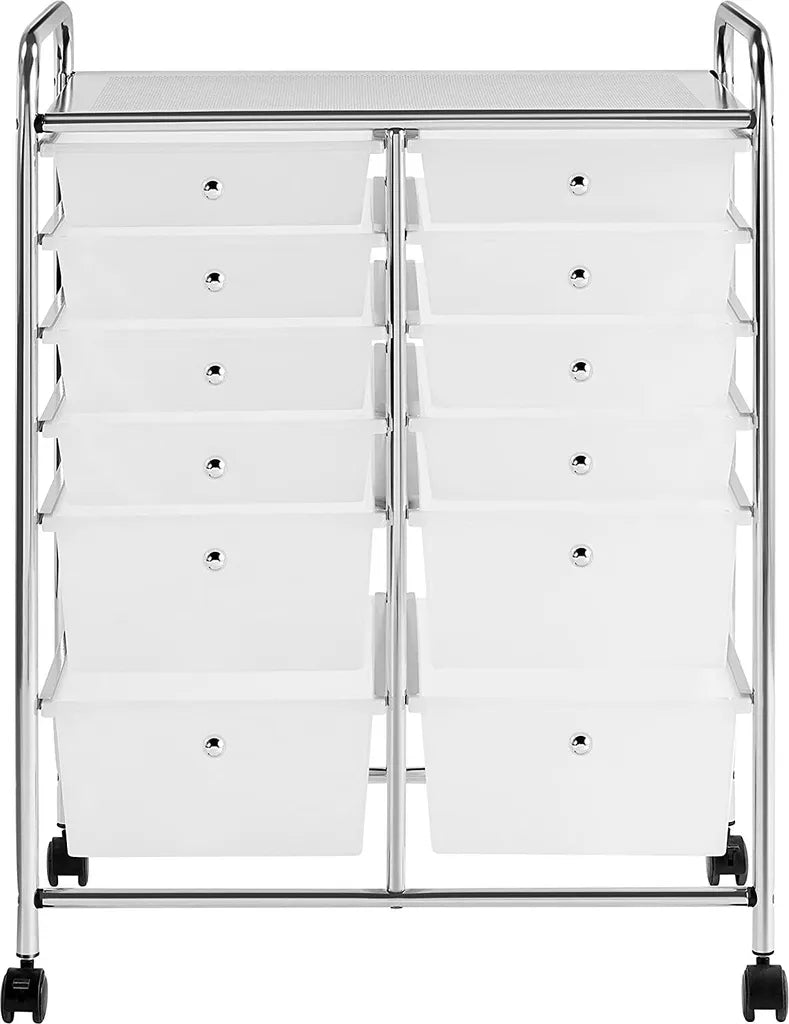 Rollwagen mit 12 Schubladen auf Rädern, Metallgestell und Griffen, weiß, 63 × 38,5 × 82 cm