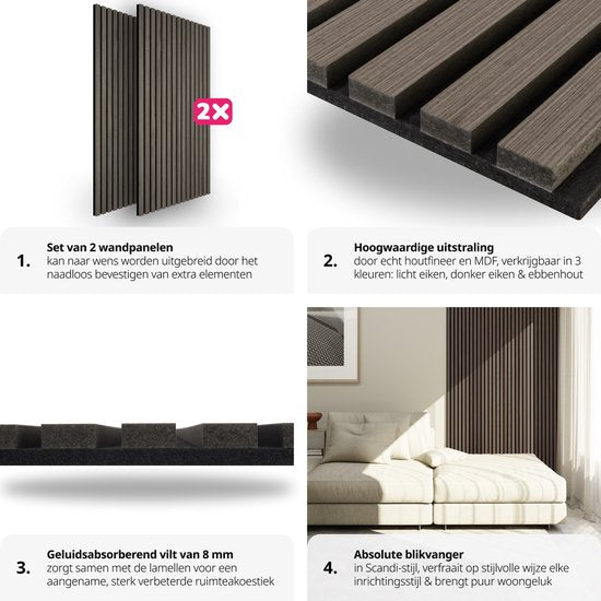 tectake - 2er-Set Akustikpaneele Sonic Wall - Farbe Ebenholz - Schallabsorbierendes Paneel - Lärmreduzierung - verschiedene Farben - Maße pro Paneel (LxBxH): ca. 120x60x2,1cm