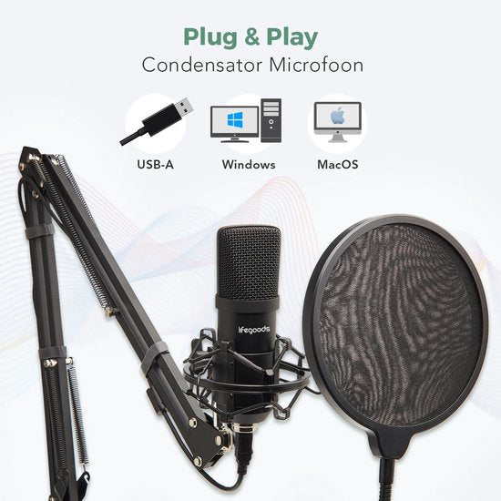 LifeGoods Mikrofon für PC - mit Arm - Gaming-Mikrofon - Streaming - Kondensator - Rauschunterdrückung - Pop Cap - Pop Filter - Schwarz