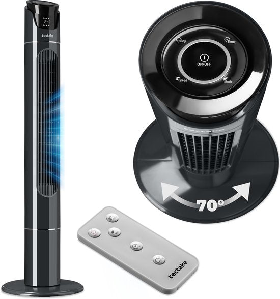 tectake® Großer Ventilator mit Fernbedienung – 110 cm – Schwenkbarer Ventilator mit 3 Geschwindigkeitsstufen – Turmventilator – Leiser Standventilator mit verschiedenen Windmodi + Timer – Luftkühler – Schwarz