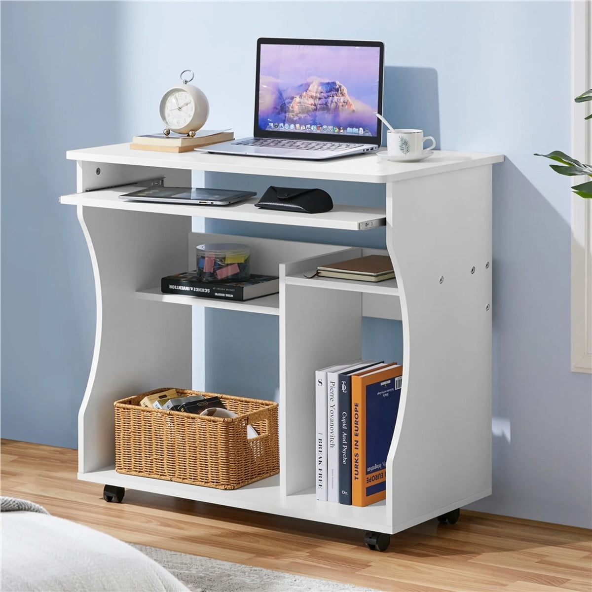 Yaheetech Computertisch auf Rädern - Mit ausziehbarer Tastaturschublade und zwei Ablagefächern und Bremsfunktion - Für Heimbüro und Schlafzimmer - Weißes Mdf und Metall - 80 x 48 x 76 cm
