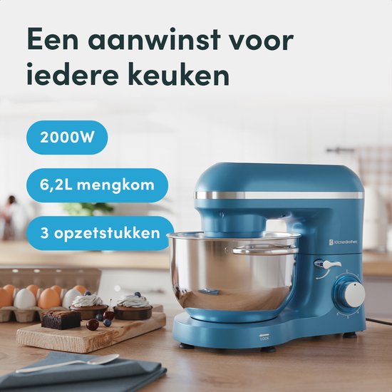 KitchenBrothers Küchenmaschine - Küchenroboter - 6.2L - Mixer mit Rührschüssel - Küchenmixer - 2000W - Pastellblau