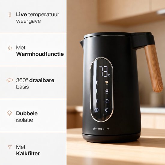 HomeShift® Wasserkocher mit Temperaturregelung – Warmhaltefunktion – doppelwandig – elektrisch – 1,7 Liter – 2200 W – Schwarz / Holz