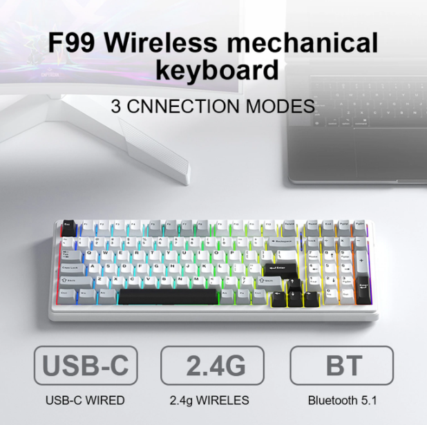 AULA F99 Drahtlose mechanische Tastatur – Hellgrau – 99 Tasten, Tri-Mode