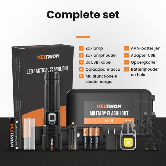 Veltrion LED-Taschenlampe, wiederaufladbar – Kostenloses Zubehör – Militärtaschenlampe – 6000 Lumen – 26650-Akku – 5 Leuchtstufen – Powerbank-Funktion – Taschenlampe mit Akkus – Notfallpaket