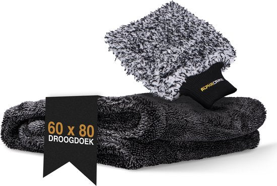 ALPHACARE - Trockentuch + Waschhandschuh Auto - Motorrad - Badezimmer - Quick Dry - 60 x 80 - 600 GSM - Grau
