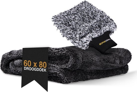 ALPHACARE - Trockentuch + Waschhandschuh Auto - Motorrad - Badezimmer - Quick Dry - 60 x 80 - 600 GSM - Grau