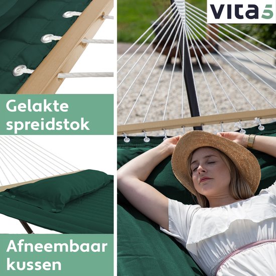 Vita5 Hängematte mit Ständer und Spreizstange – für 2 Personen – inkl. Getränkehalter – abnehmbares Kissen – UV-beständig – Grün
