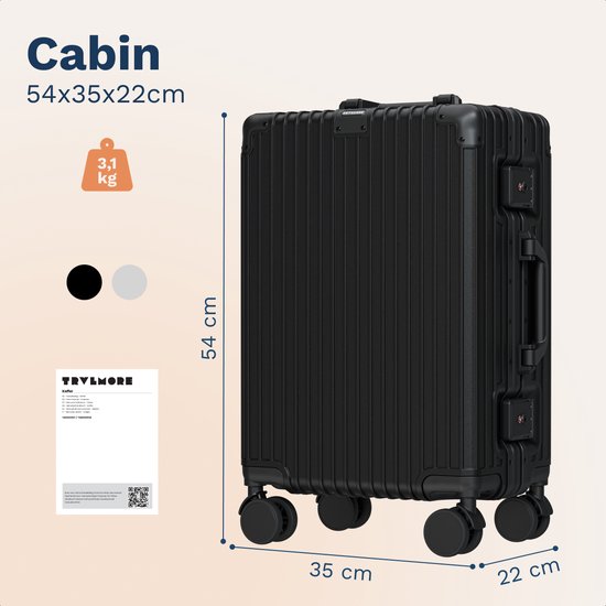 TRVLMORE Premium-Handgepäckkoffer – 54 x 35 x 22 cm – 360°-Drehrollen – Doppeltes TSA-Zahlenschloss – Polycarbonat – Ohne Reißverschluss – 40 Liter – Schwarz