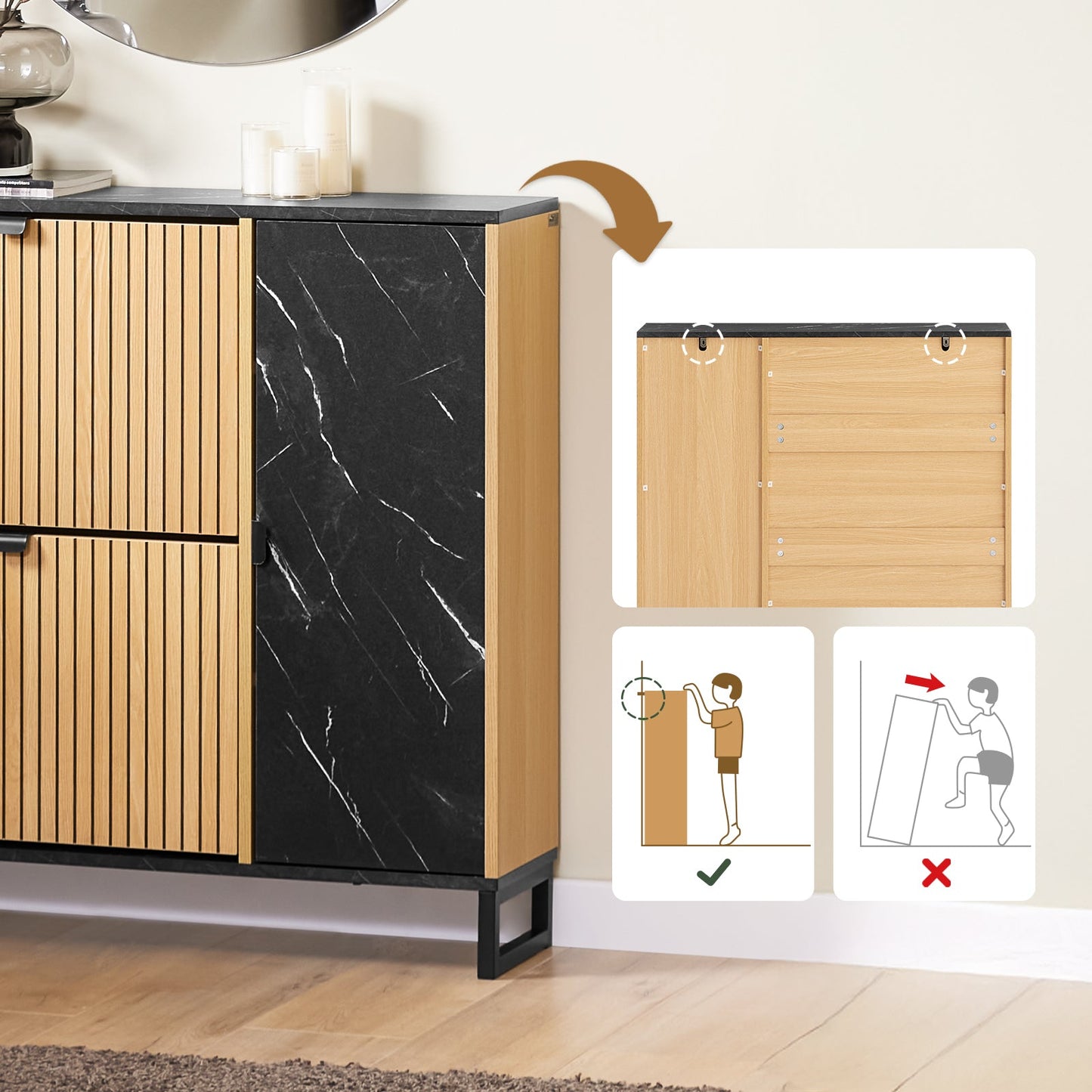 SoBuy FSR203-N Schmaler Eingangs-Schuhschrank, 2 Klappen und Seitentür, skandinavisches Design, kompakt, Schwarz und helles Holz, 90 x 24 x 88 cm