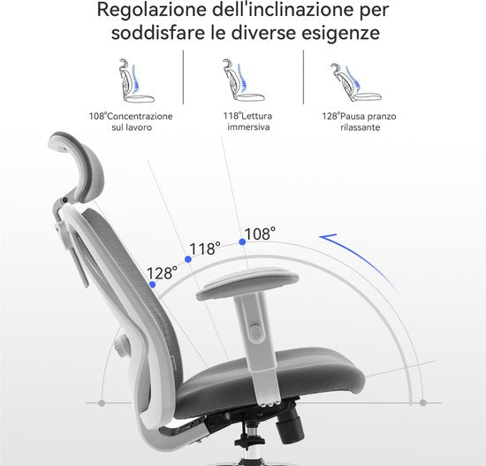 SIHOO M18 Ergonomischer Bürostuhl – Atmungsaktives Mesh-Design – Verstellbare Kopf- und Lendenstütze – Grau