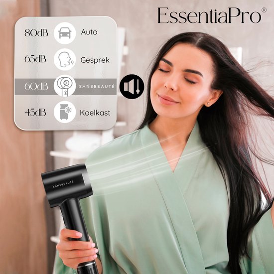 Sansbeauté® Haartrockner mit Diffusor - Locken - 110.000 U/min - Ionen-Haartrockner mit Bürste - 3 Stufen - 3 Aufsätze - Reisehaartrockner - Coolshot - Haartrockner mit Diffusor - Haartrockner - 2000W - EssentiaPRO®