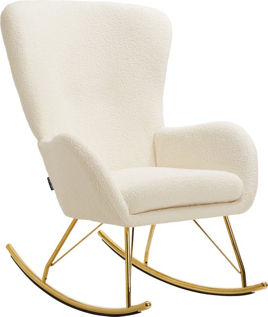 tectake® Swing Schaukelstuhl - gepolsterter Bouclé-Sessel mit Stahlgleitern und extra dickem Sitzkissen - skandinavisches Design, pflegeleicht und ergonomisch - creme/gold