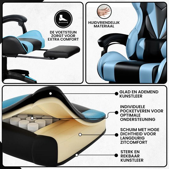 Bayt Gaming Stuhl - Gaming Stuhl - Komfort Gamer Stuhl - Schwarz und Hellblau