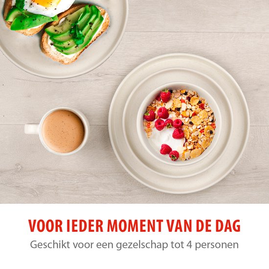 alpina Geschirrset 16-teilig - Tellerset 4 Personen - Steingutgeschirr - Frühstücksteller, Essteller, Schüsseln und Becher - Mikrowellen- und spülmaschinenfest - Creme