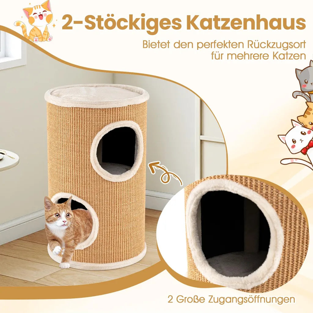 Coast Kratzbaum 4-stöckig – Katzenhaus mit 3 Katzenhöhlen und Sisal-Kratzfläche Ø 36 x 59,5 cm