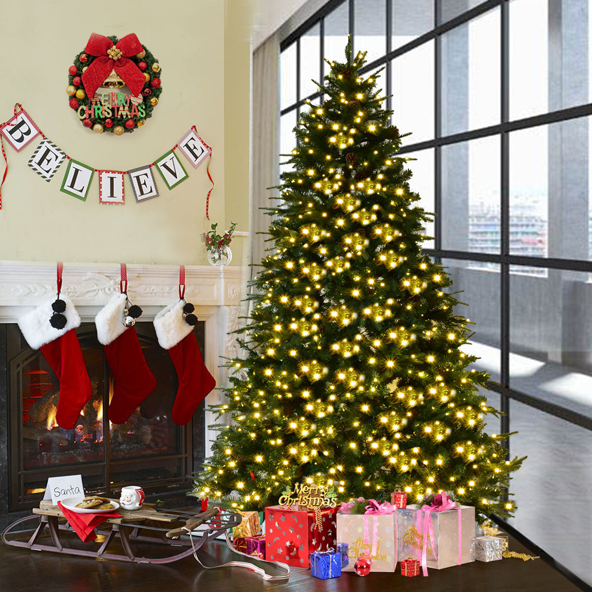 Coast Künstlicher Tannenbaum mit LED-Lichterketten Weihnachtsbaum 210/225/240 cm Grün-225 cm