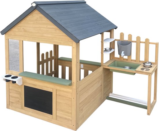 AXI Lizz Spielhaus Braun/Anthrazit – Holzspielhaus mit Spielküche, Kreidetafel, Spiegel, Blumentöpfen und Zubehör – FSC-zertifiziertes Holz – Gartenhaus für Kinder – 10 Jahre Garantie