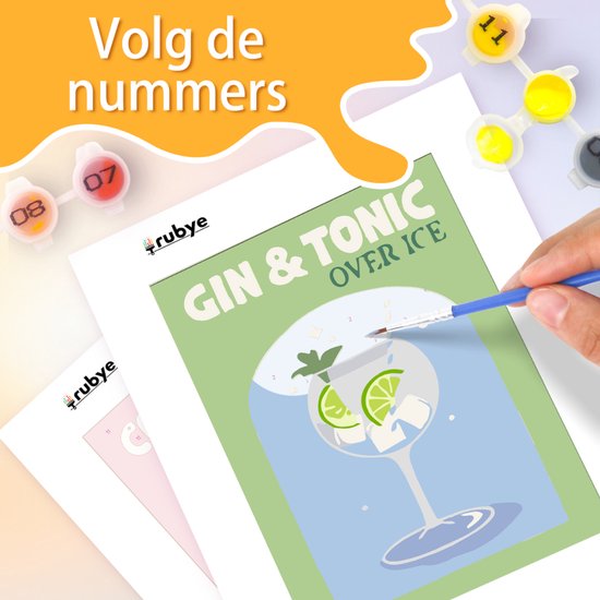 Rubye® Malen nach Zahlen Erwachsene - Gin Tonic - Cocktails - Inklusive Farbe und Pinsel - Leinwand Maltuch - Farbe nach Zahlen - Doppelset - 15x20cm
