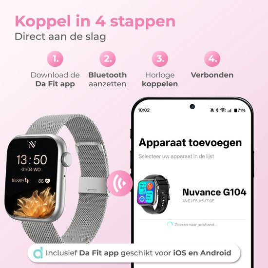 Nuvance Smartwatch für Damen – Smartwatch für Herren – Schrittzähler-Uhr für Damen – Herzfrequenzmesser – Sportuhr – Kompatibel mit iOS/Android – AMOLED – Inkl. 5 Armbänder – Silber
