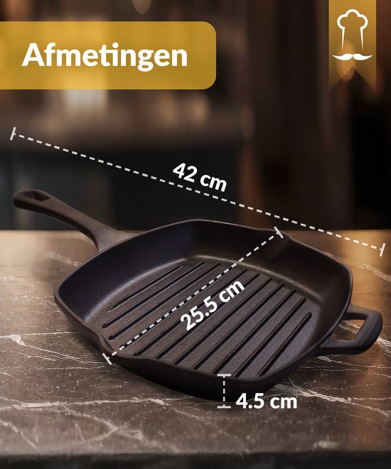 Chefarone Grillpfanne aus Gusseisen – 25,5 cm – Für Induktion, Gas, Backofen und Grill – Quadratische Grillpfanne mit Rillen – Perfekte Grillstreifen und gleichmäßige Wärmeverteilung – Pfanne mit Griff