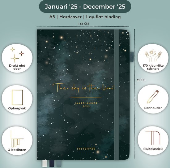 Systemyze Agenda 2025 Erwachsene - Planer - Journal - Organizer - Stickerblätter inklusive - A5 Format - Blaugrau