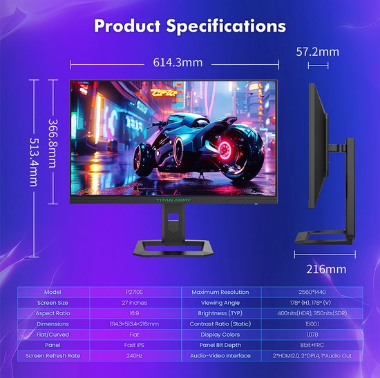 TITAN ARMY P2510G Computermonitor 68,6 cm (27") 2560 x 1440 Pixel Quad HD LED Schwarz