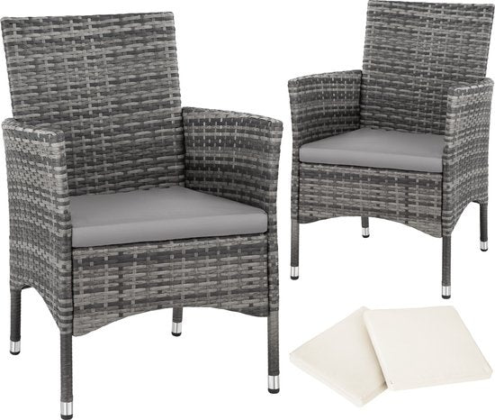 tectake - 2er Set Gartenstühle - Korbgeflecht - 4 Kissenbezüge - 59x57x85cm - Grau