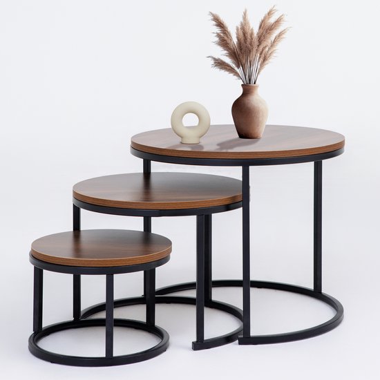 Bayt Couchtisch - Couchtisch-Set - Runder Salontisch - Set 3 Stück - Beistelltisch - Couchtisch - Holz - Braun