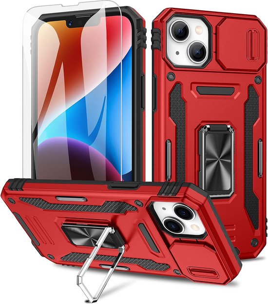 Podec Case passend für iPhone 14 Red Phone Case - Anti-Shock Case Cover Hybrid Armor Case mit Kickstand Ring mit Displayschutzfolie