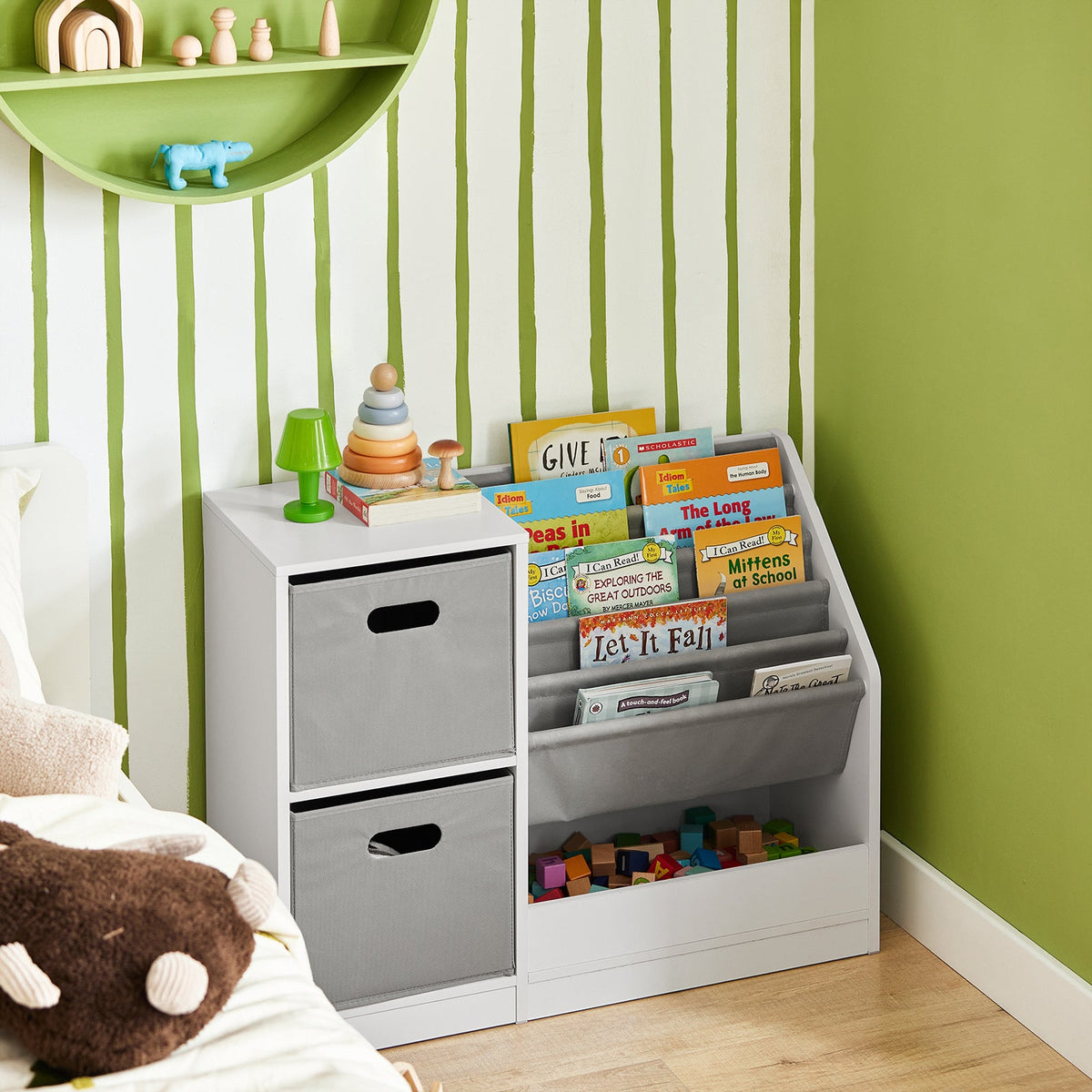 SoBuy KMB76-W Kinderbücherschrank mit 2 Körben und Stauraum für Spielzeug – 80 x 30 x 61 cm – Weiß