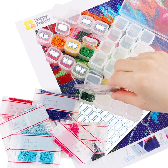 Happy Painter - Diamant-Malzubehör Erwachsene - Set 48-teilig - mit Walze 28 Fächer - Aufbewahrungsbox und Stift - Sortierbox - Perlenbox