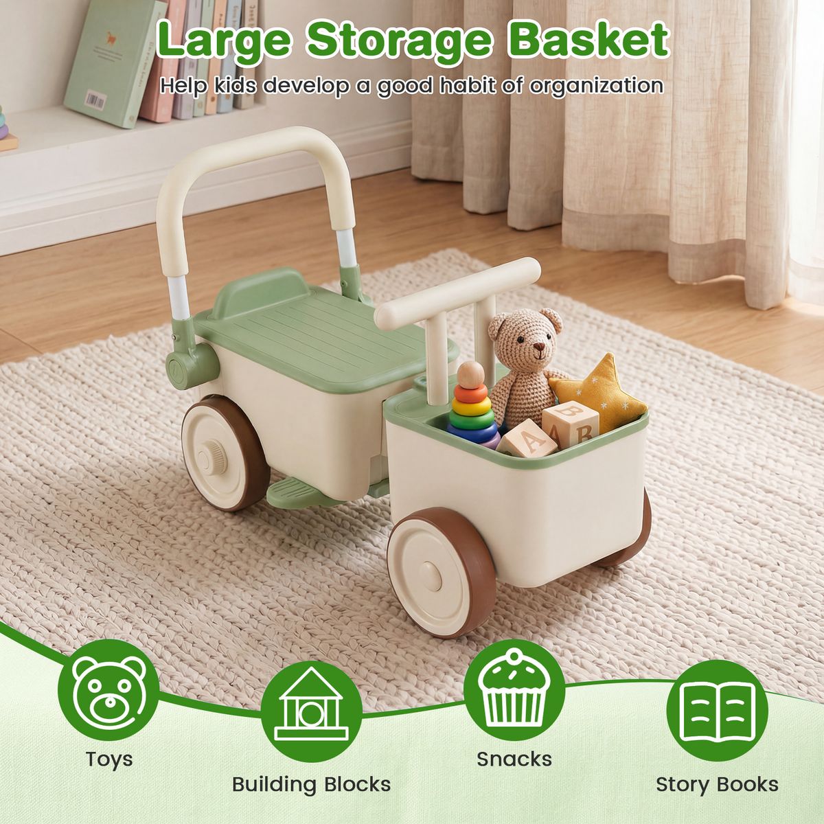 Coast 3-in-1-Laufwagen für Kinder – mit Stauraum – Schiebe- und Ziehfunktion – grün