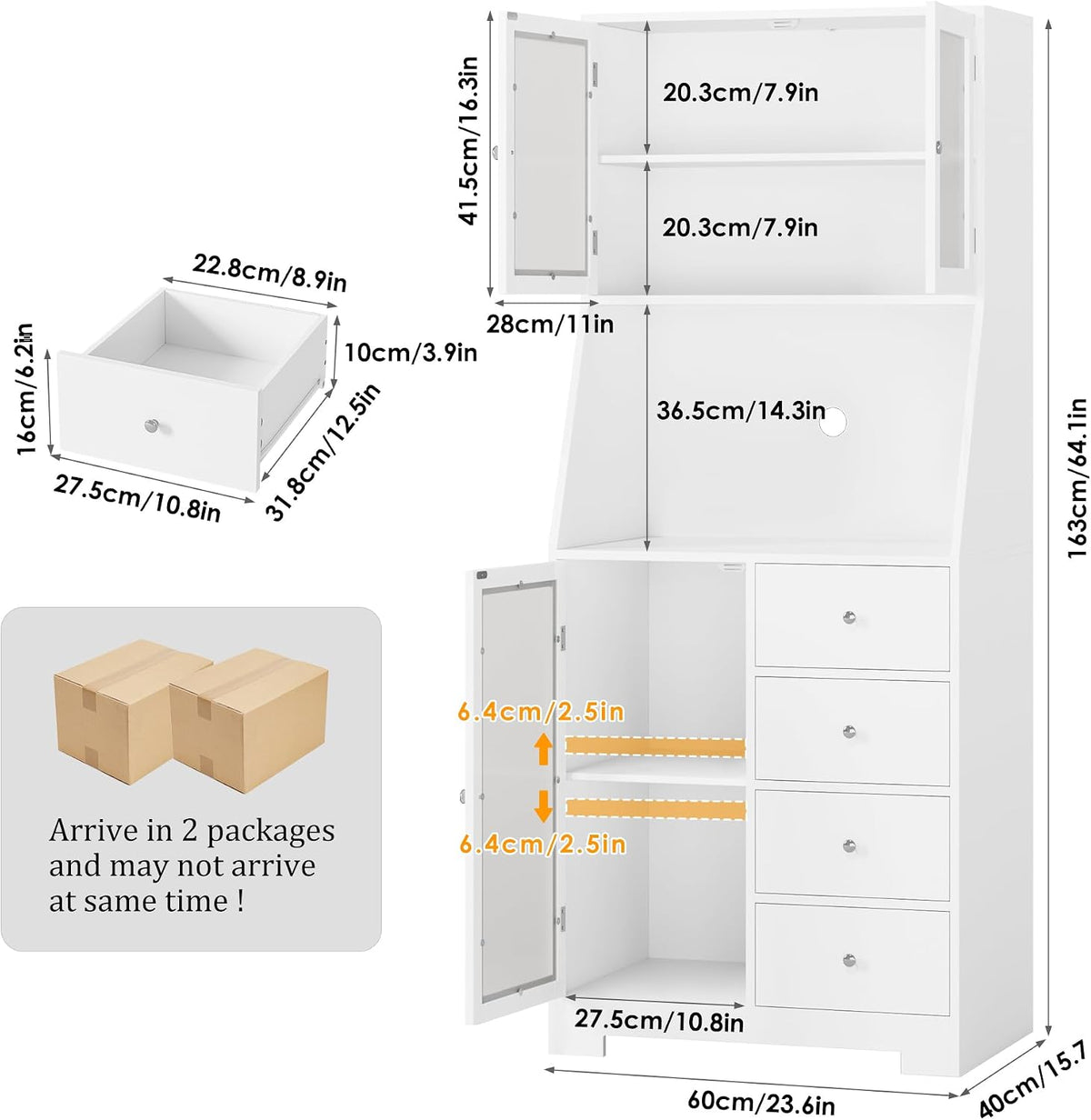 Hoher Küchenschrank mit Arbeitsplatte – 4 Schubladen und 3 Glastüren – 60 cm breit – Weiß