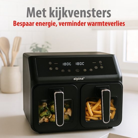 alpina Doppel-Airfryer XXL – Heißluftfritteuse 2x4 l – Airfryer mit digitalem Touchscreen – Heißluftofen für 6 Personen und mehr – 8 Kochprogramme – Sync-Modus – Timer-Funktion