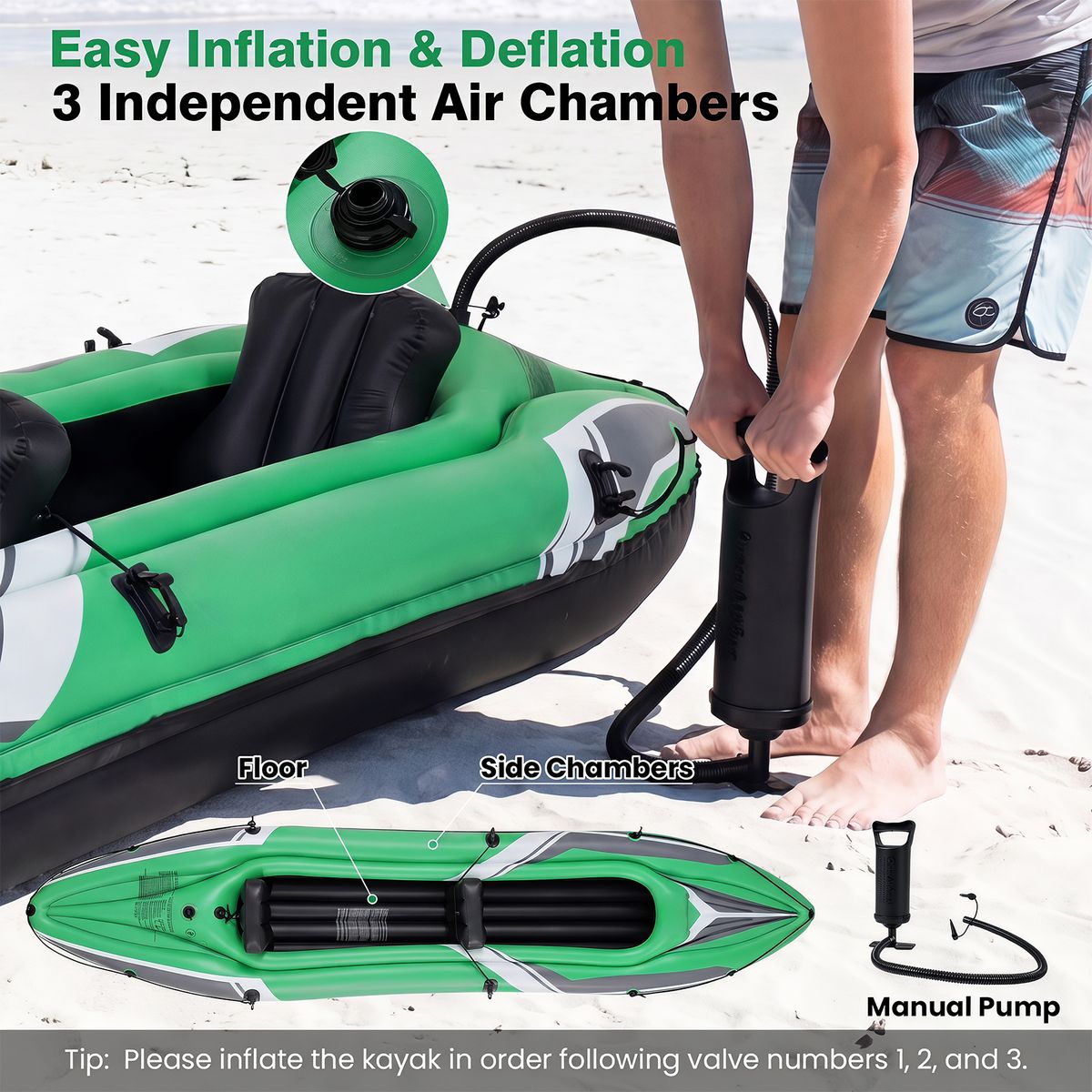 Coast aufblasbares Kajak für 2 Personen – verstärktes PVC – mit Aluminium-Paddeln und Rückenlehnen – grün/schwarz 350 x 78 x 47 cm