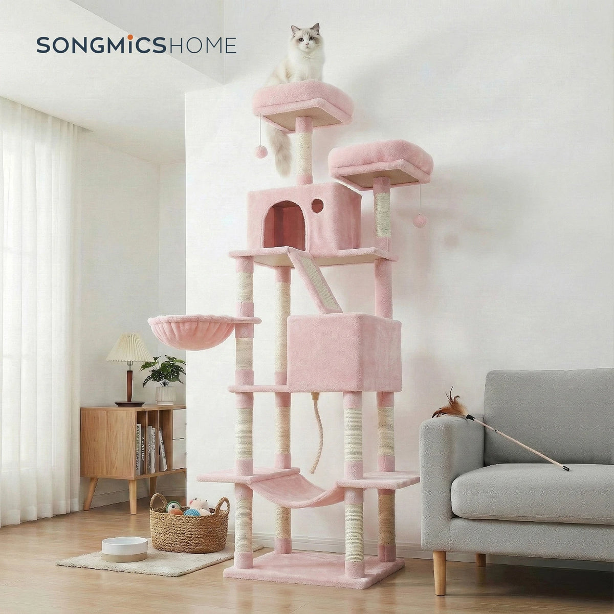 Joyfurnos Kratzbaum 206 cm – XXL-Katzenkletterturm mit 13 Kratzstämmen, 2 Katzenhäuschen und Hängematte – Rosa