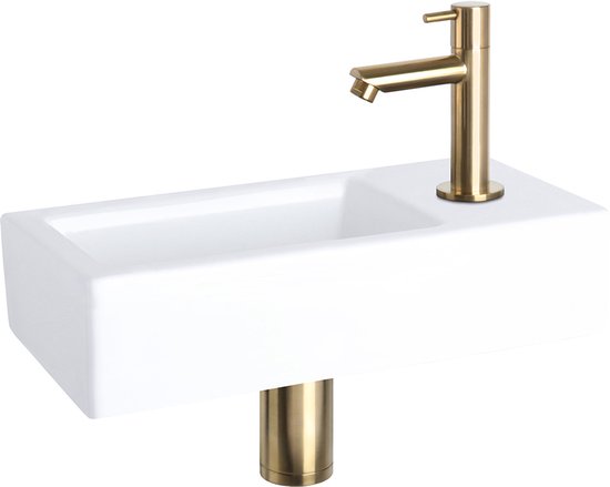 Differnz Helios Waschtisch-Set – Keramik-Waschbecken 37,5 x 18,5 x 9,5 cm – Waschtisch-Set mit Toilette und Waschtischarmatur rechts in Mattgold – Waschbecken mit gerader Armatur und Standardgriff – Für Badezimmer oder WC