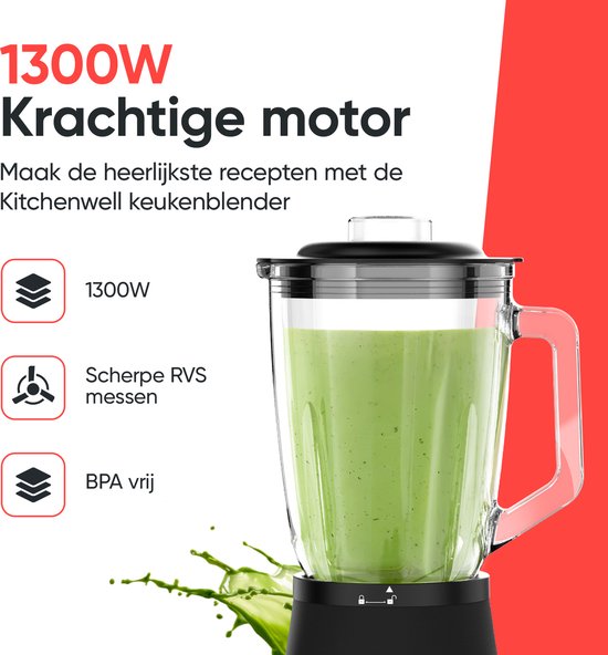 Kitchenwell Mixer - Leistungsstarker 1300 Watt Smoothie Mixer - 1,5 Liter - Glaskrug - 3 Ständer - Inklusive Sportbecher - Edelstahl/Schwarz