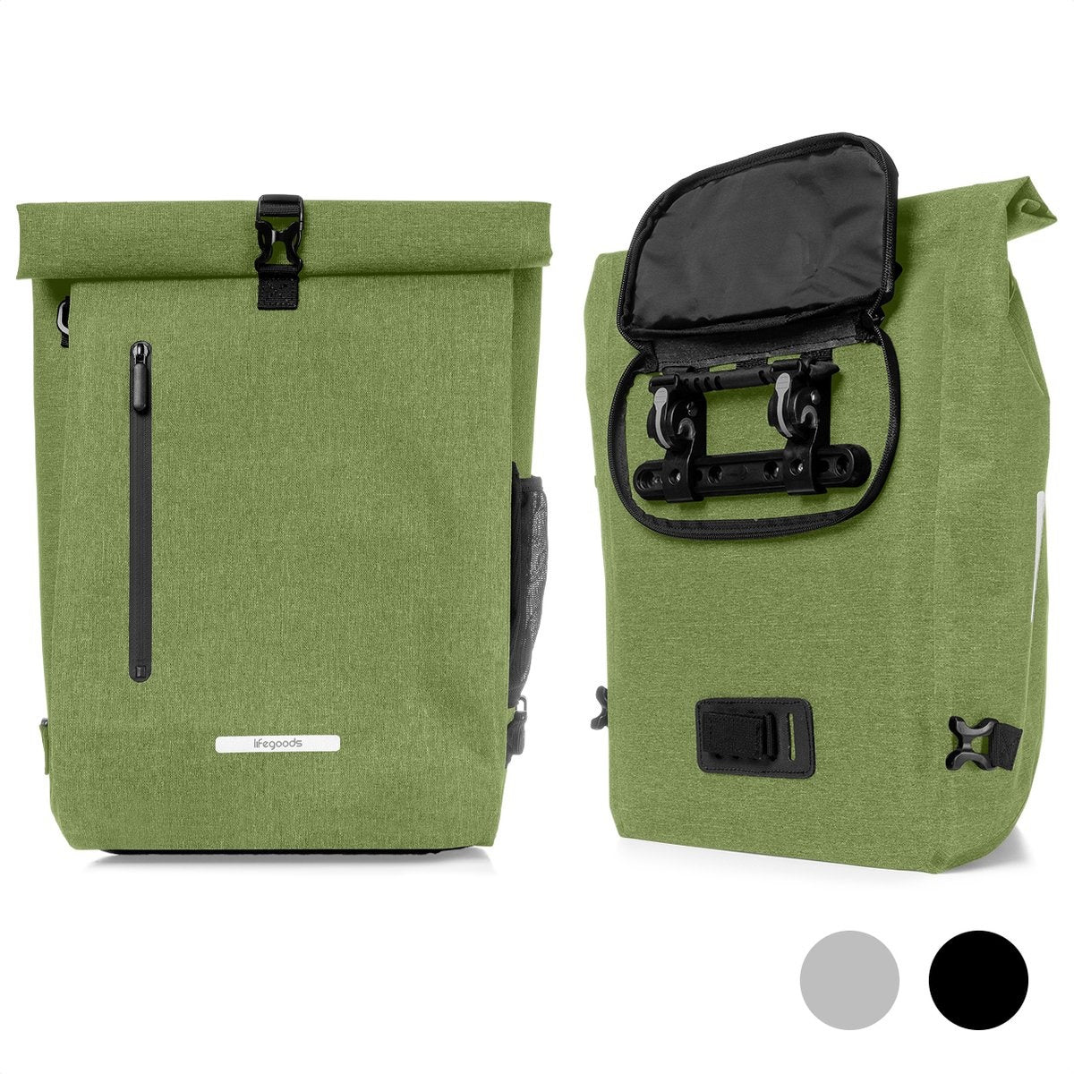 LifeGoods Single Bicycle Bag - Kompakt - Umhängetasche und Rucksack - 25L - Runder Gepäckträger - Wasserdicht - Olivgrün